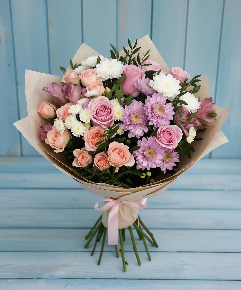 Букет цветов из: Хризантемы, Розы и Альстромерии в Данки