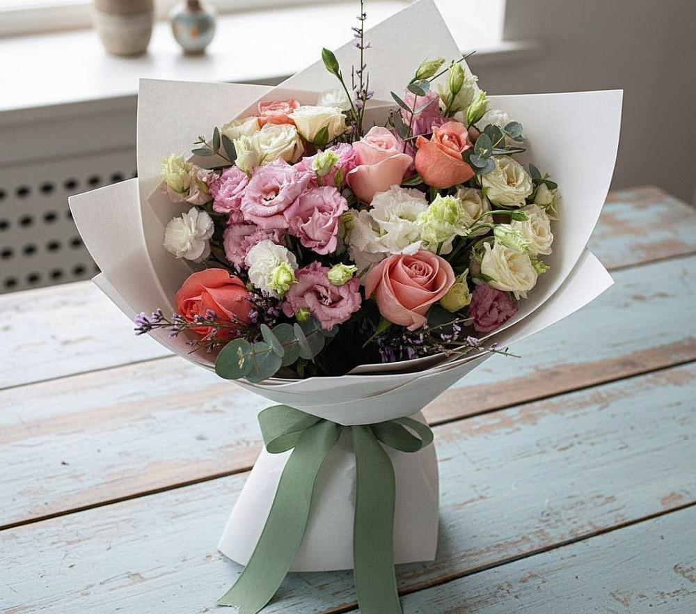Букет цветов из: Розы, Лизиантусы и Гвоздики в Данки