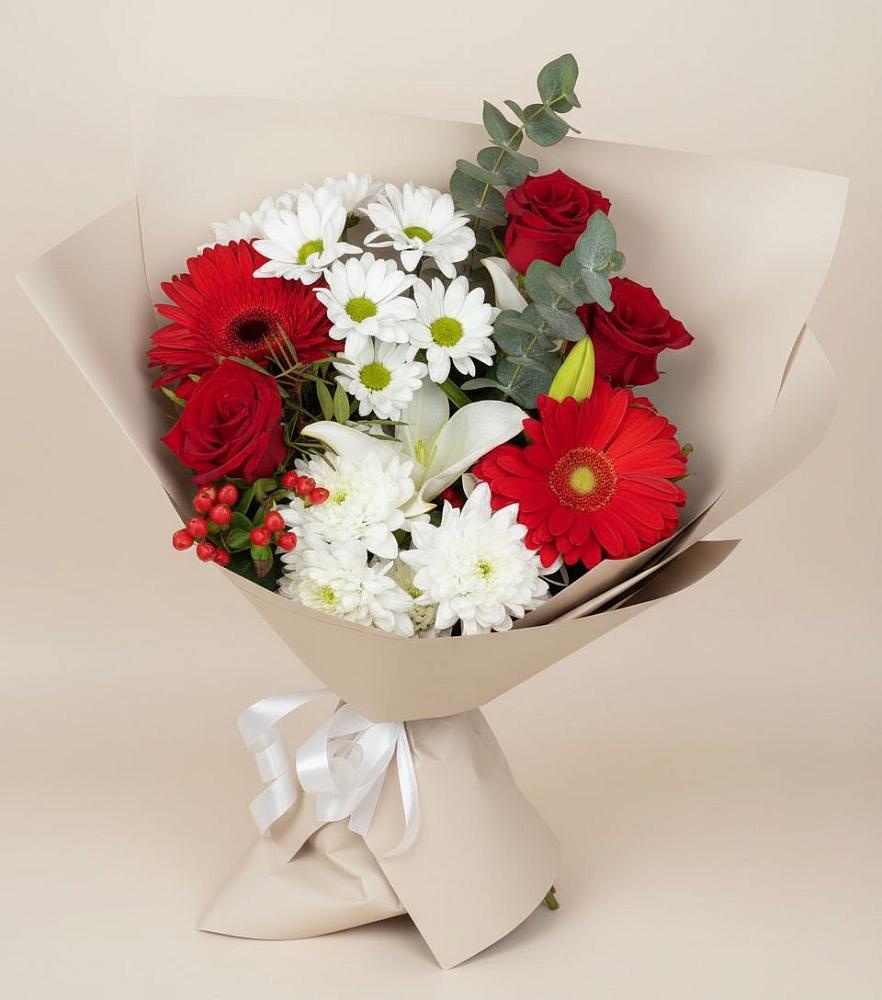 Букет цветов из: Розы, Хризантемы, Герберы и Лилии в Данки