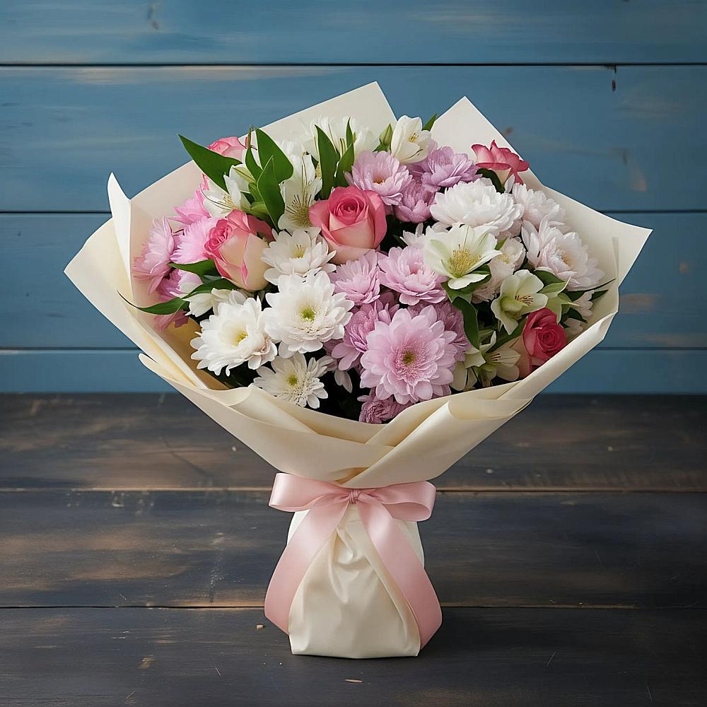 Букет цветов из: Хризантемы, Альстромерии и Розы в Данки